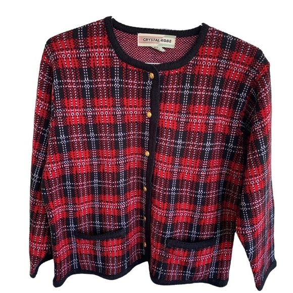 Vintage Plaid Women’s Cardigan Sweater Dark Academia Crystal Kobe Size Medium - Picture 1 of 6
